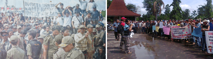 Plasma protests in Seruyan district, Central Kalimantan province, in 2011 (left) and North Musi Rawas district, South Sumatra province, in 2013 (right).