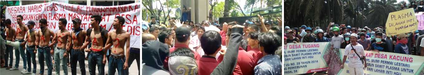 Plasma protests in Mandailing Natal district, North Sumatra province, in 2016 (left), Bulungan district, North Kalimantan province, in 2017 (centre), and West Bangka district, Bangka Belitung Islands, in 2018 (right).