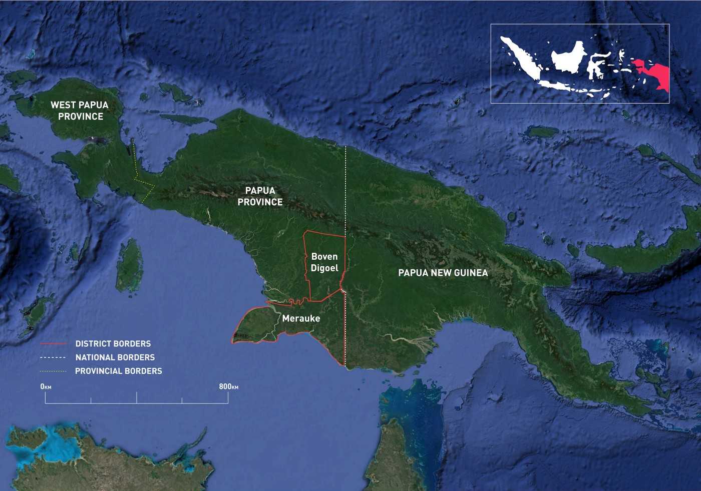 Map of Boven Digoel and Merauke districts, which sit at the heart of the third largest rainforest left on the planet, on the island of New Guinea.