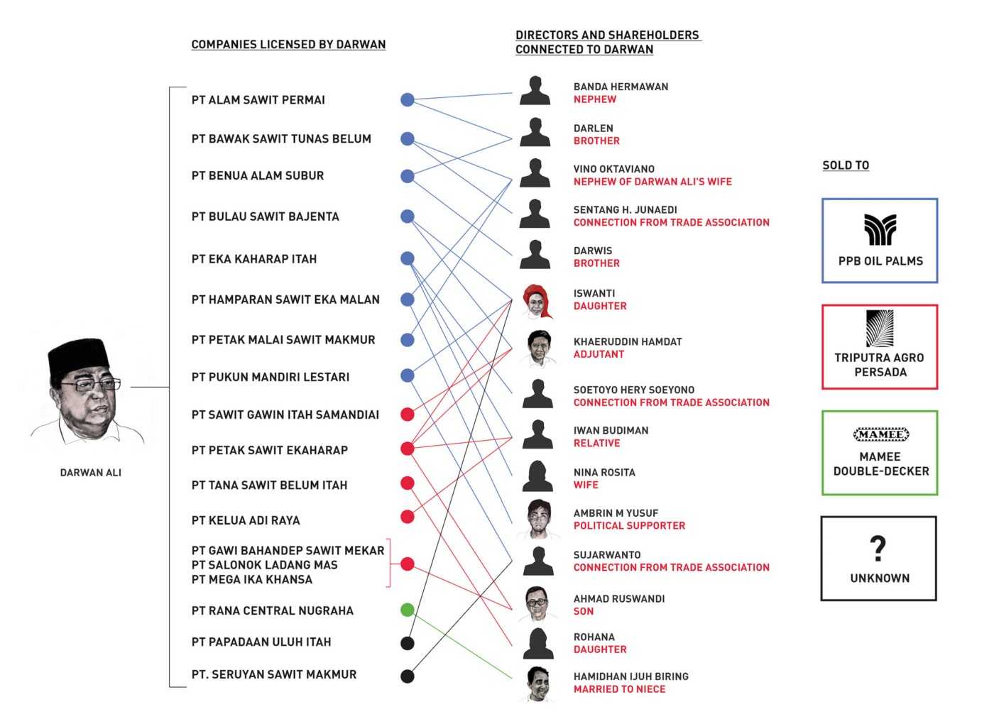 Darwan Ali provided licenses to 18 companies owned by his family members and cronies. Almost all of them were sold to Triputra Agro Persada and the Kuok’s oil palm arm, PPB Oil Palms, which was later merged with Wilmar. Sources: Bursa Malaysia, Ditjen AHU, Nordin Abah, Marianto Sumarto and others.