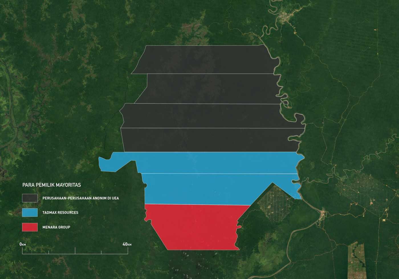 Map showing majority owners of the seven concessions within the Tanah Merah project, after deals in 2011 and 2012