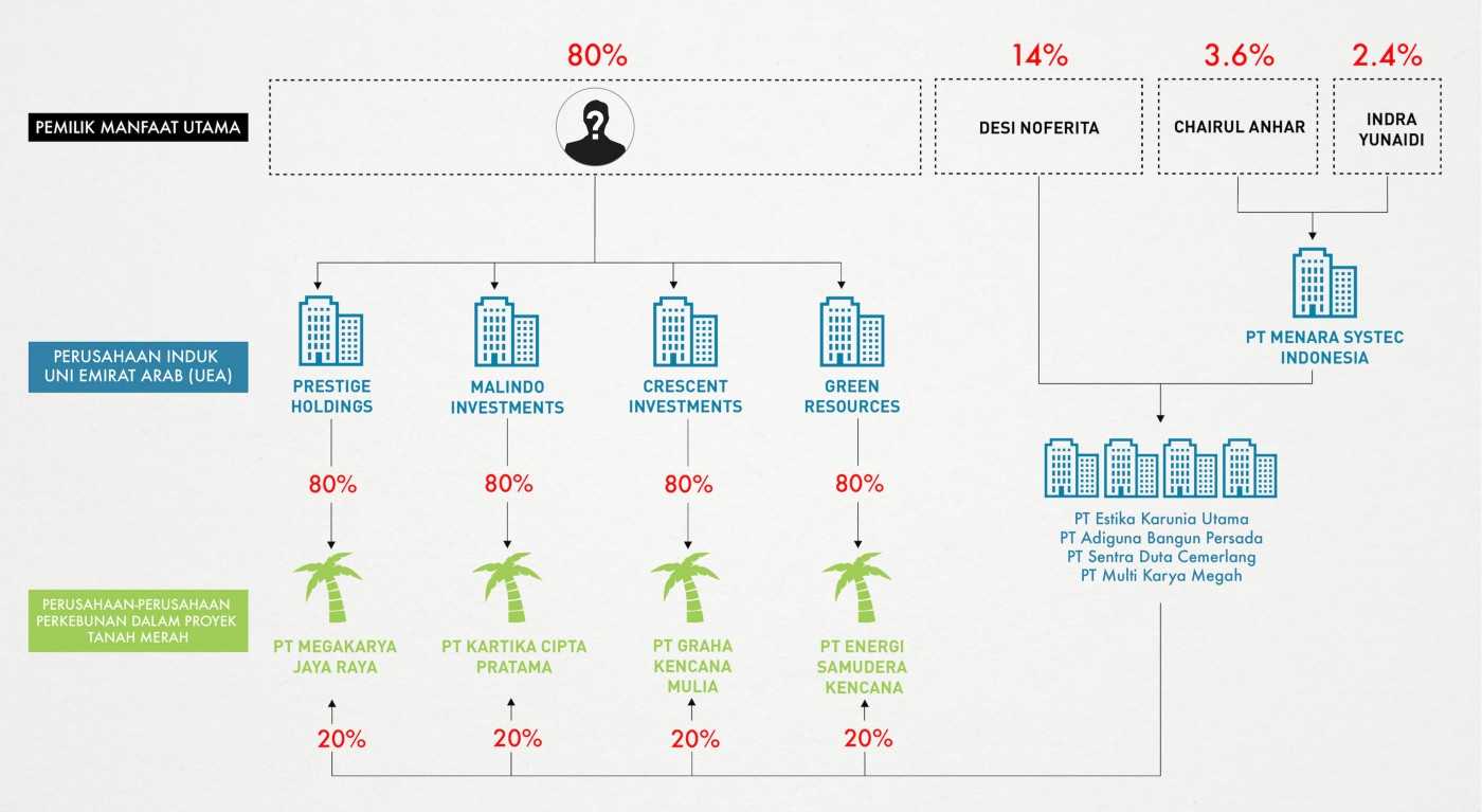 Graphic showing ownership structure of four companies with rights to the Tanah Merah project, after the sale to the anonymous companies in the UAE