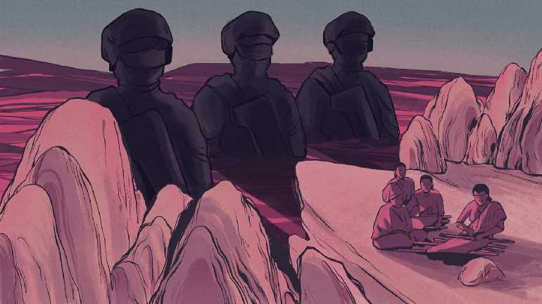 Illustration of the women of Mollo weaving in the mountains.