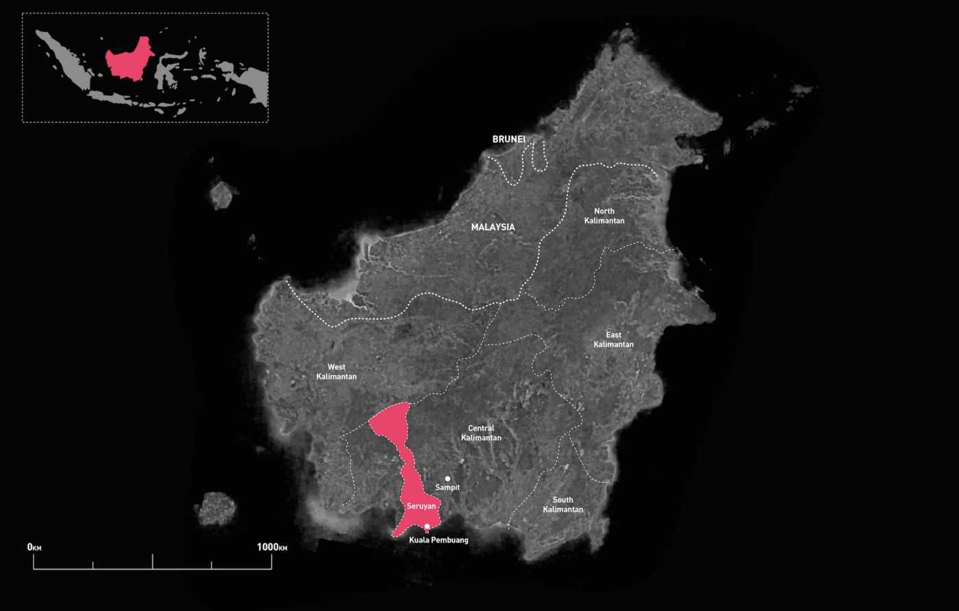Map of the island of Borneo, showing Seruyan.