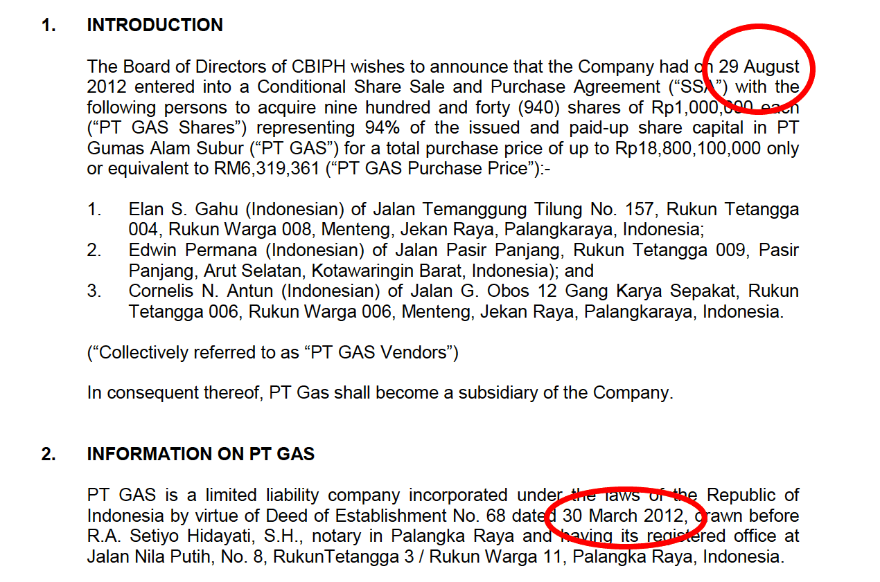 A stock exchange announcement for the purchase of a shell company holding permits for land in Gunung Mas, Central Kalimantan