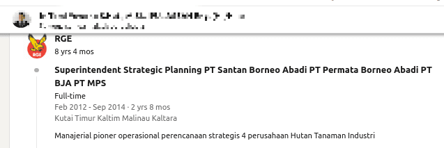 A screenshot of a LinkedIn profile that lists four BHL companies as part of RGE: Santan Borneo Abadi, Permata Borneo Abadi, Bakayan Jaya Abadi and Mahakam Persada Sakti.