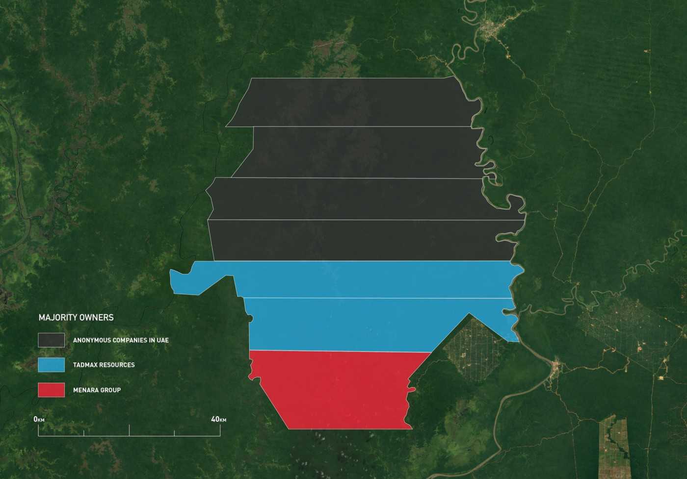 Map showing majority owners of the seven concessions within the Tanah Merah project, after deals in 2011 and 2012