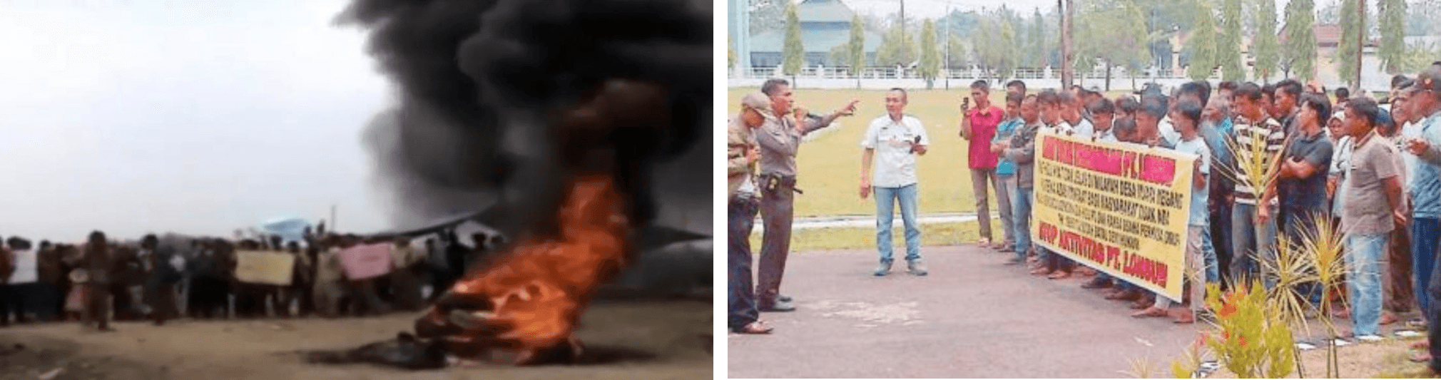 Plasma protests in Banyuasin district, South Sumatra province in 2014 (left) and Musi Rawas district, South Sumatra province in 2015 (right).