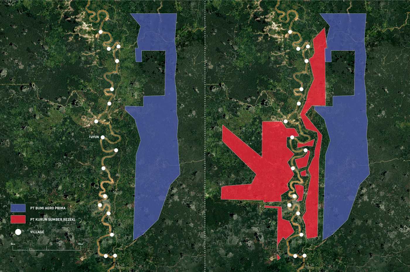 One of the first concessions Hambit issued, in blue, sparked protests from Tuyun and neighbouring villages. A subsequent concession, in red, took up even more of their land.