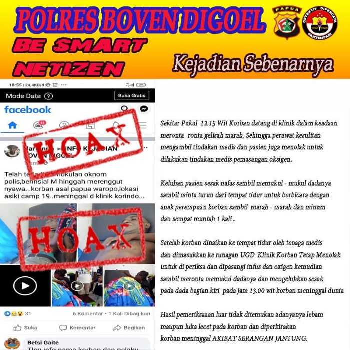 The Boven Digoel police used its Facebook page to dismiss the allegation Marius Betera had been killed as a “hoax”.