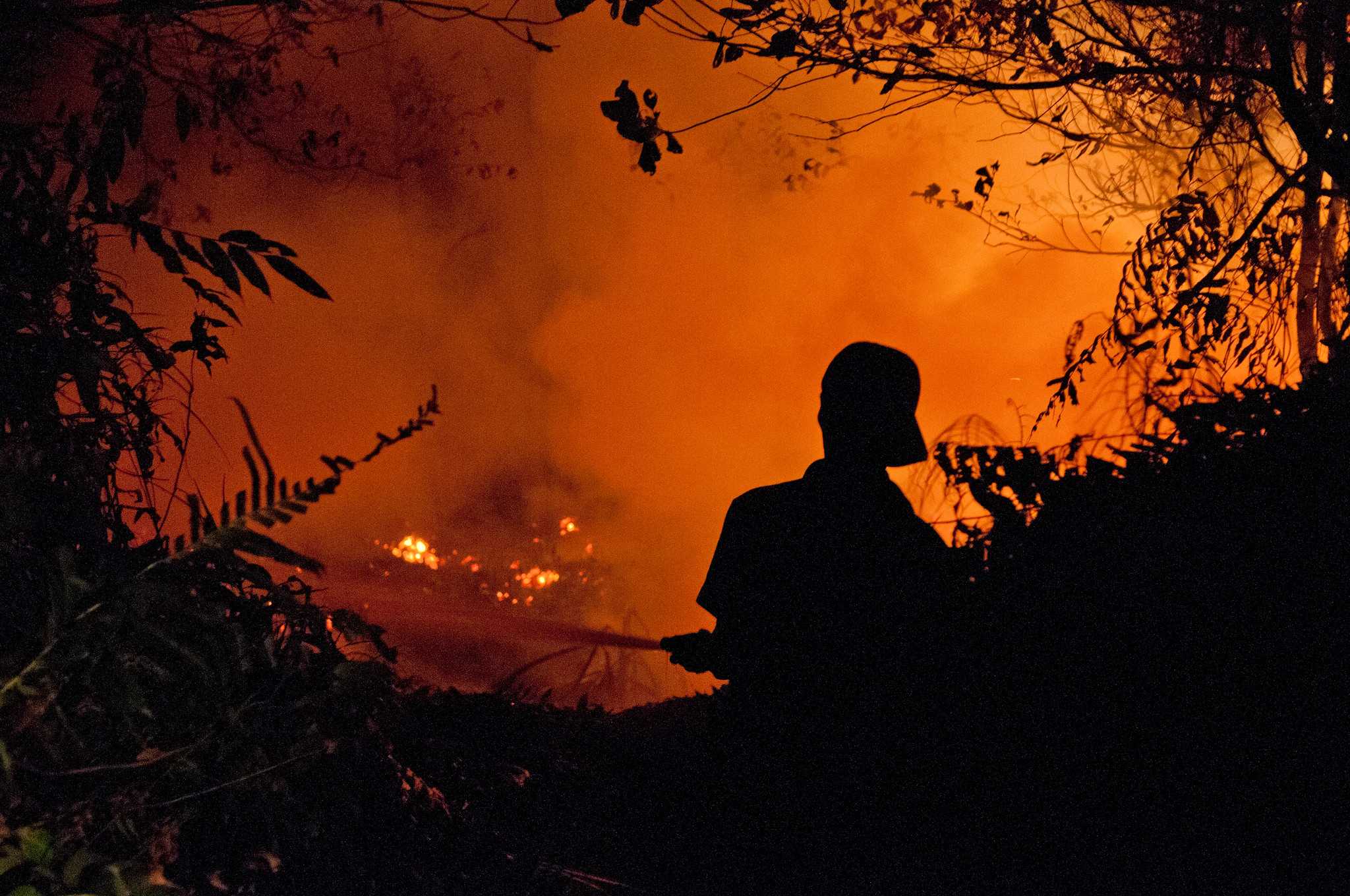 Firefighters try to extinguish fires at night in peatland areas outside the city of Palangka Raya in Central Kalimantan province.