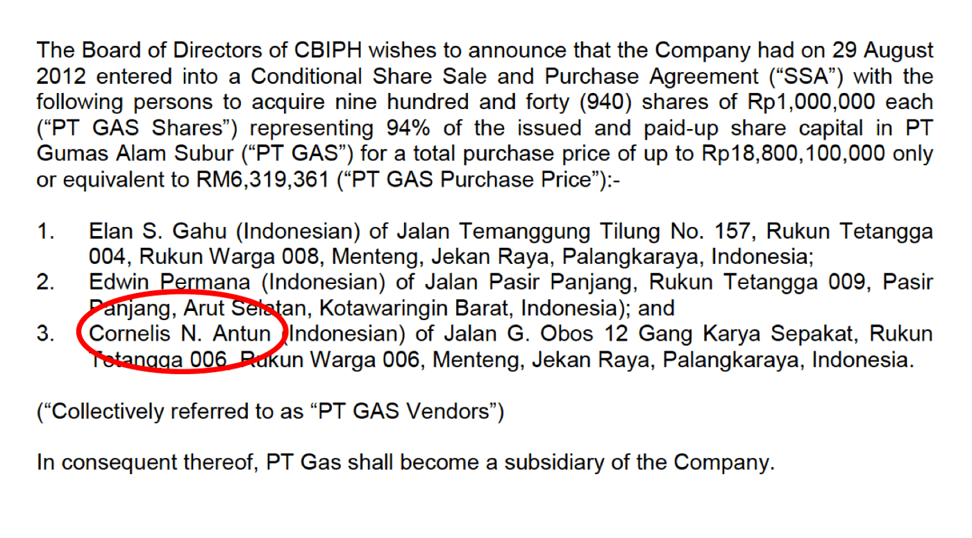 Stock exchange announcement for the purchase of a shell company formed by Cornelis Nalau Antun and two partners